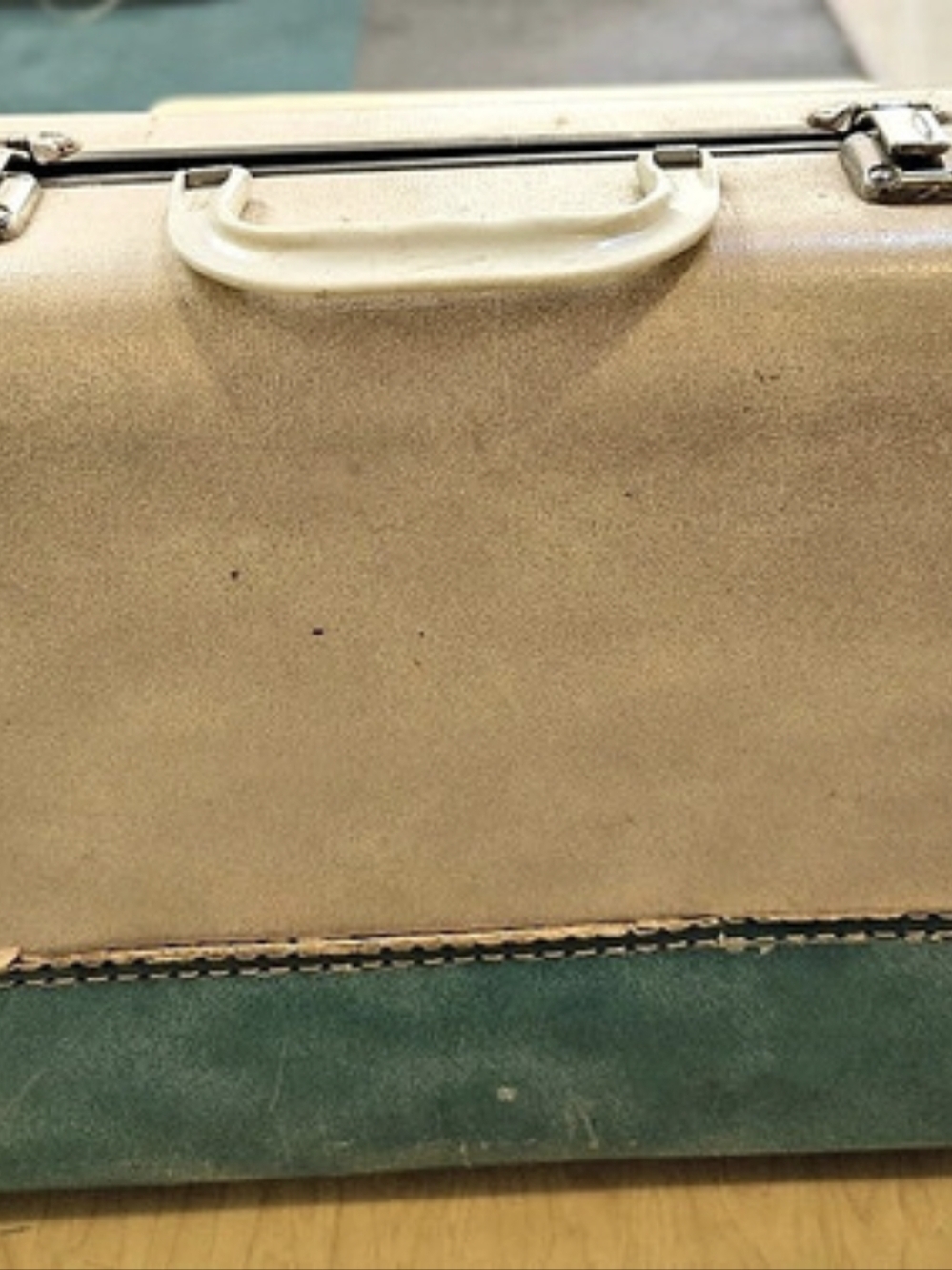 Vintage Green & Tan Travel Suitcase